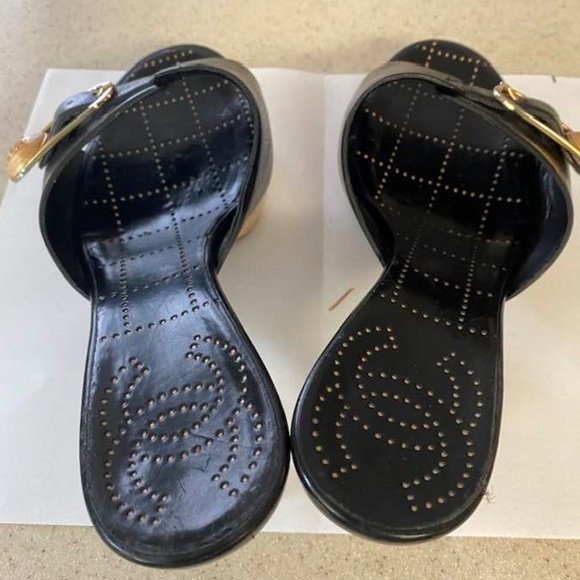 Auth. Chanel Leather Heels Sandals With Wooden Platform Size 5, 5 Made in Italy - Picture 6 of 9